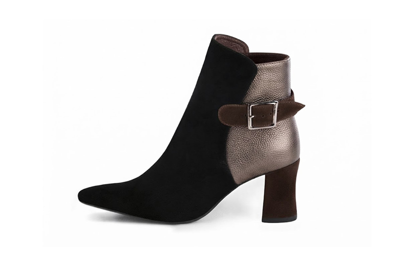 Sophisticated leather ankle boots detailed with an elegant back buckle and heel-strap finish for a distinct couture look, in pitch black and antique gold leather with almond toe and mid flared heel - Florence KOOIJMAN